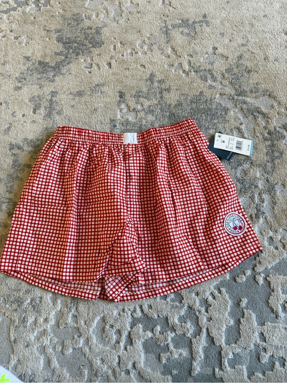 Red Gingham Athletic Shorts with Elastic Waist